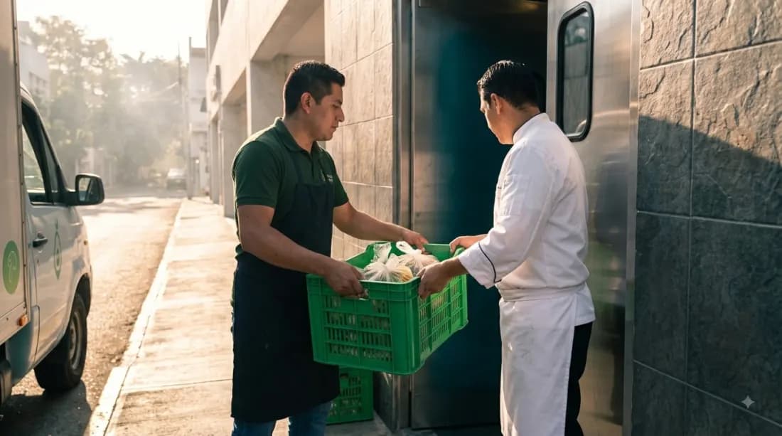 Entrega de un huacal en la puerta de un negocio