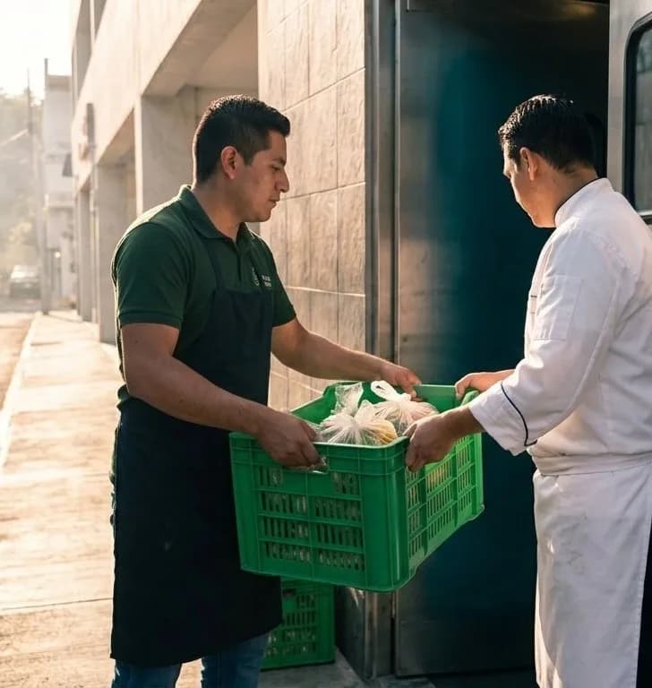 Un repartidor entrega una caja de verdura a un chef en la puerta de su cocina