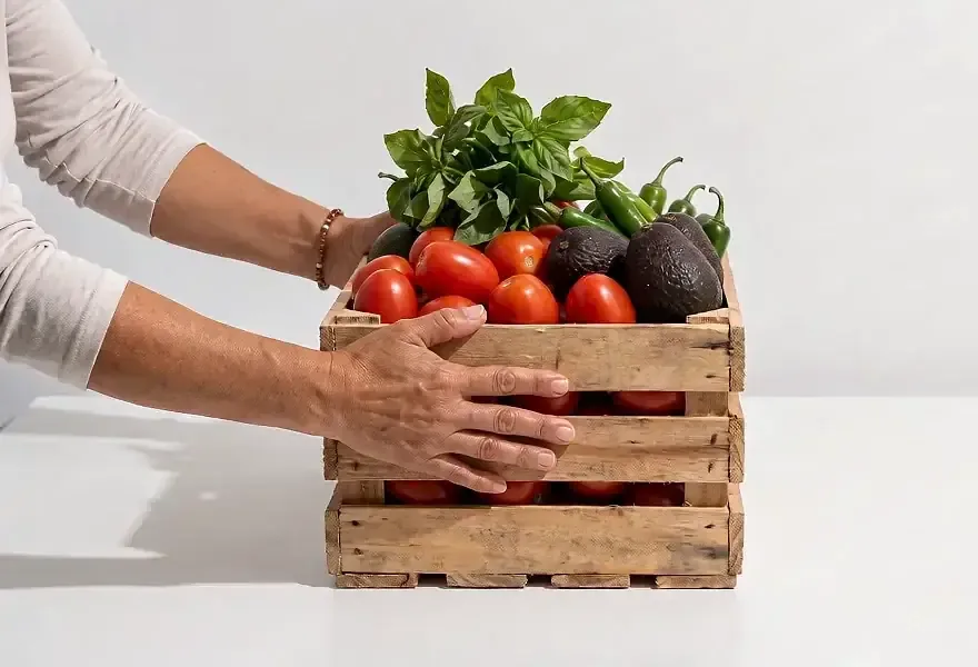 Unas manos acercan un huacal de jitomate, aguacate y albahaca sobre una mesa